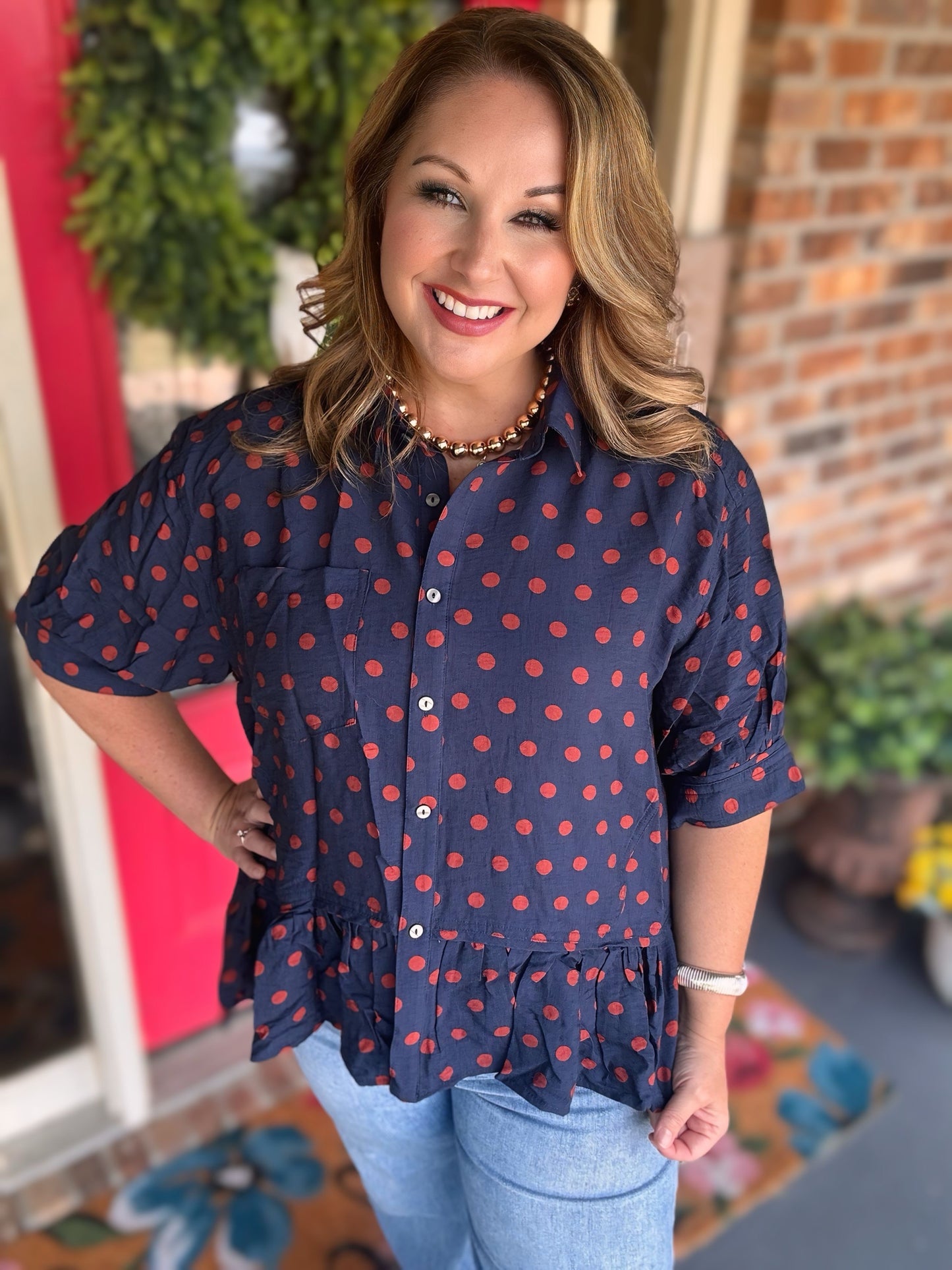 Entro Navy & Burnt Orange Polka Dot Game Day Top