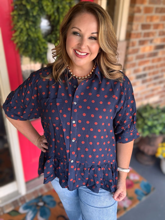 Entro Navy Rust Polka Dot Button Top