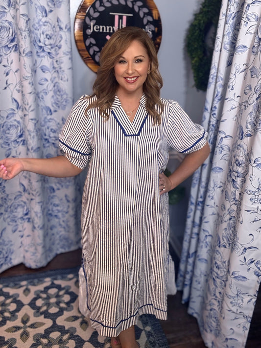 Umgee Striped Midi Dress with Puff Sleeves