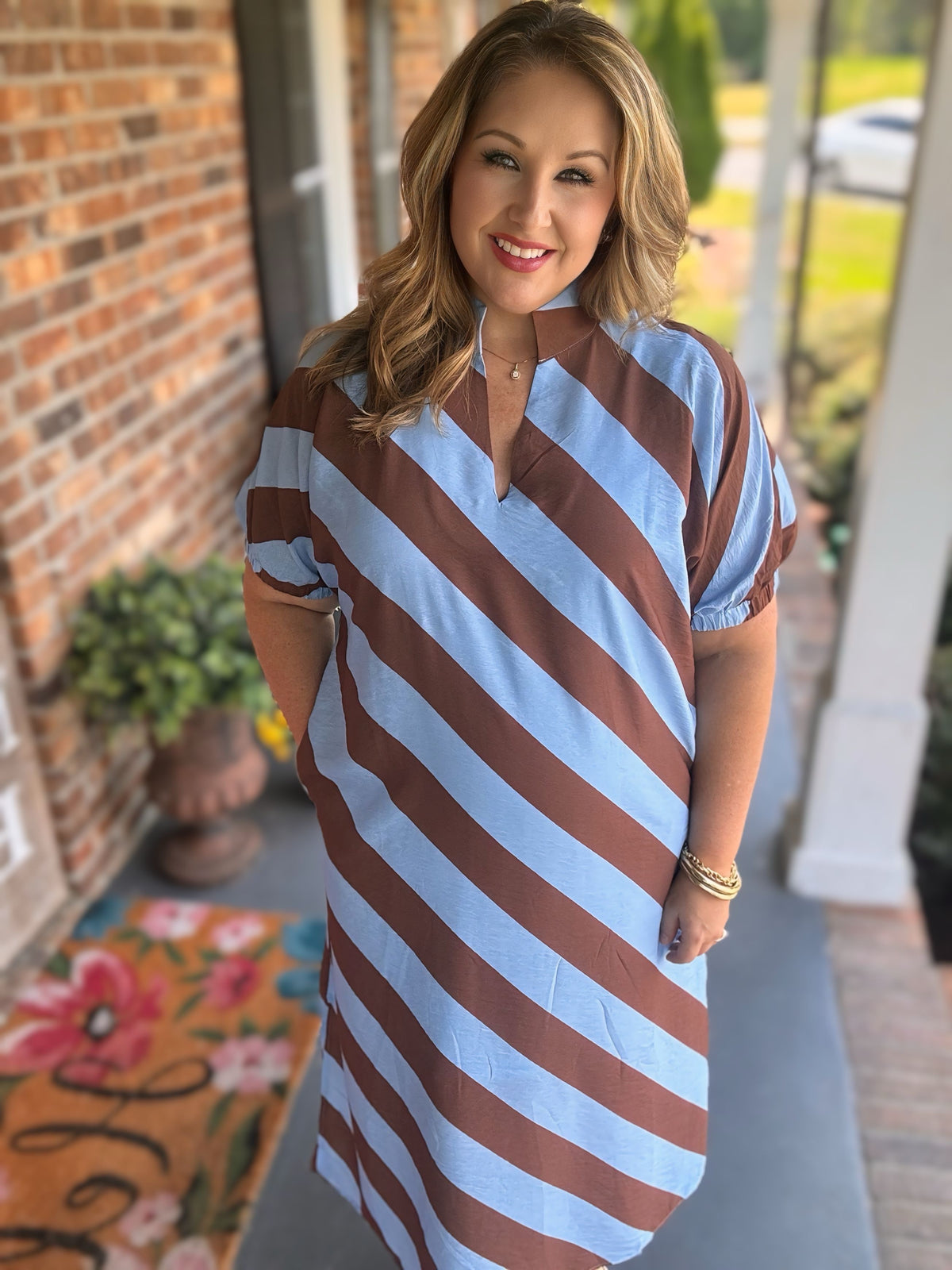 Blue & Chocolate Diagonal Stripe Midi Dress