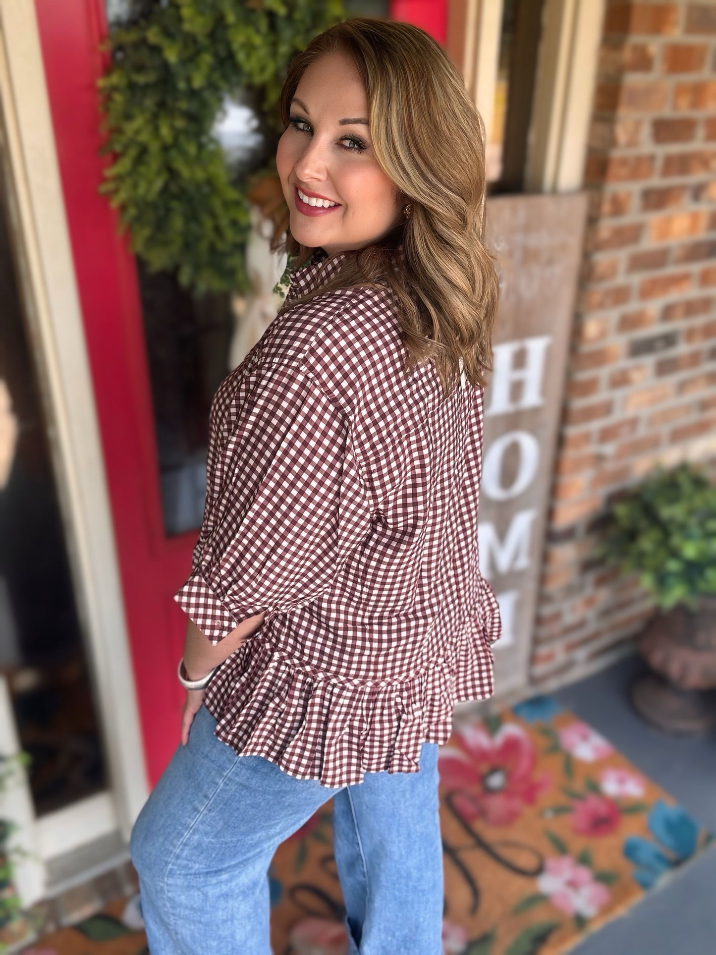 Entro Red Bean Gingham Top