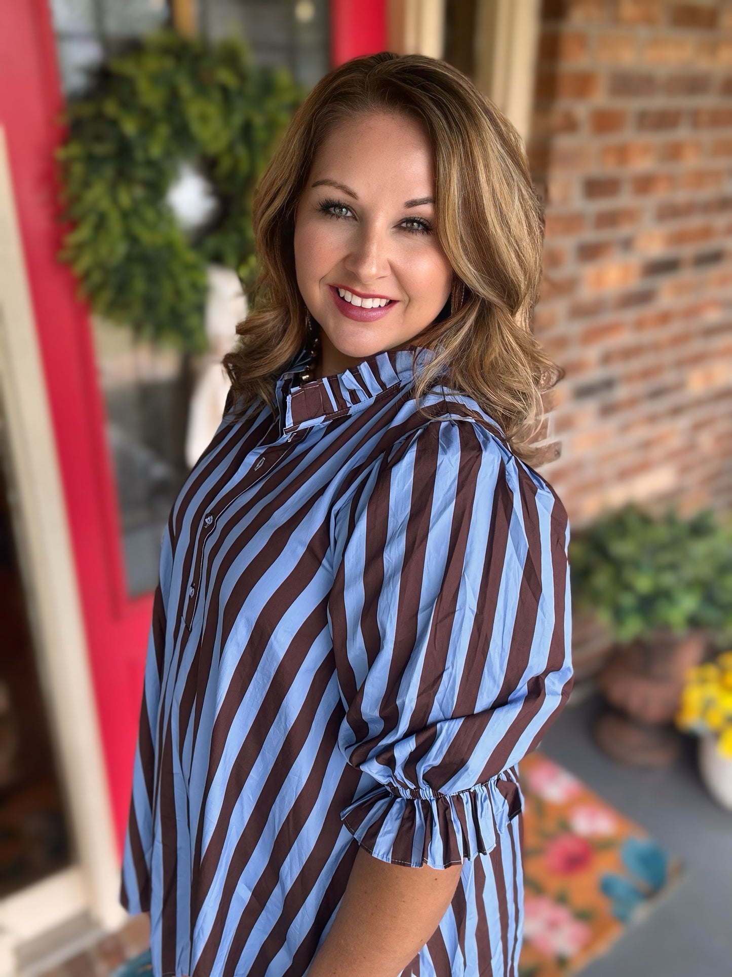 Entro Striped Mini Dress Blue Brown