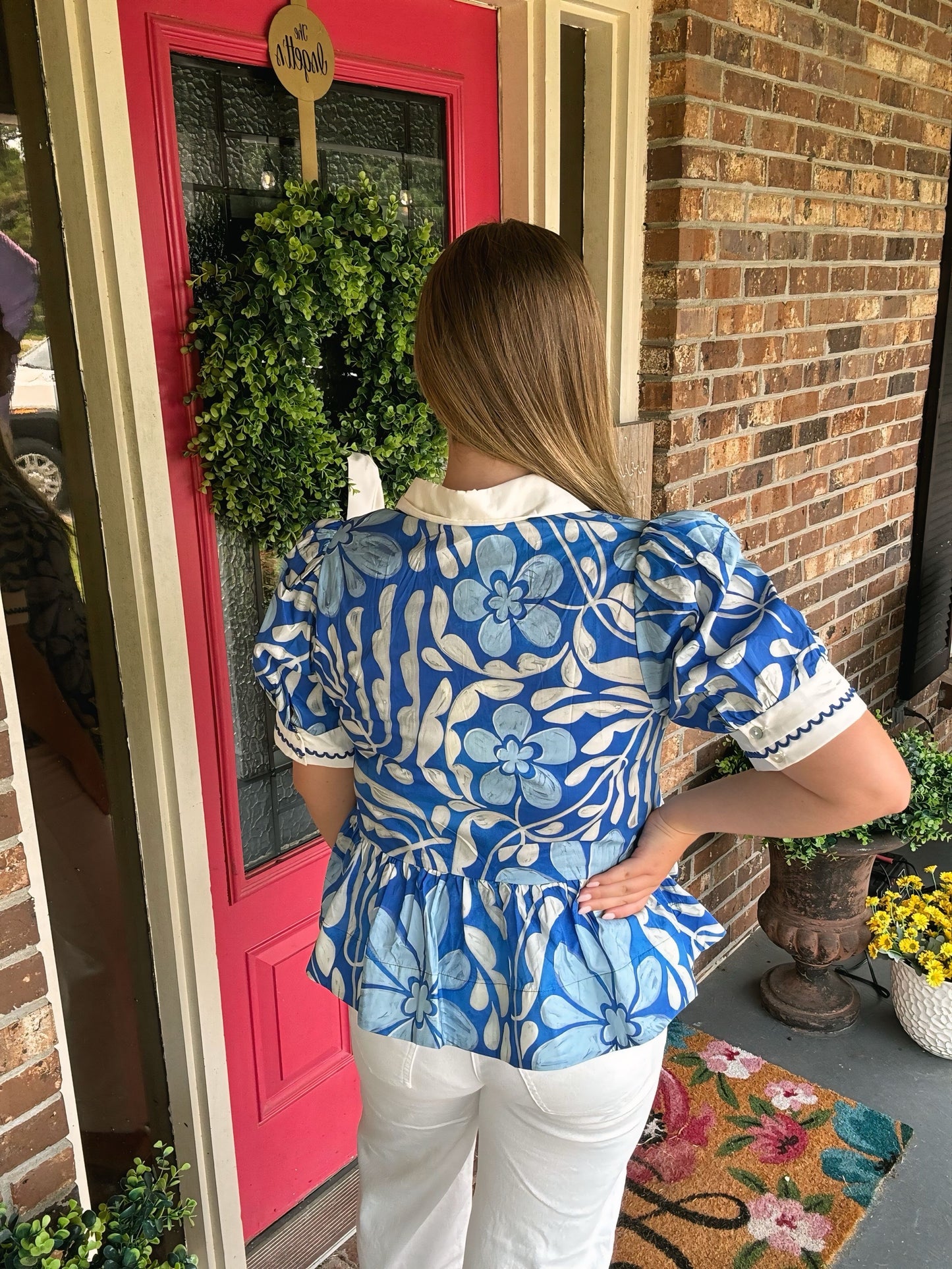 Blue Entro Floral V-neck Top