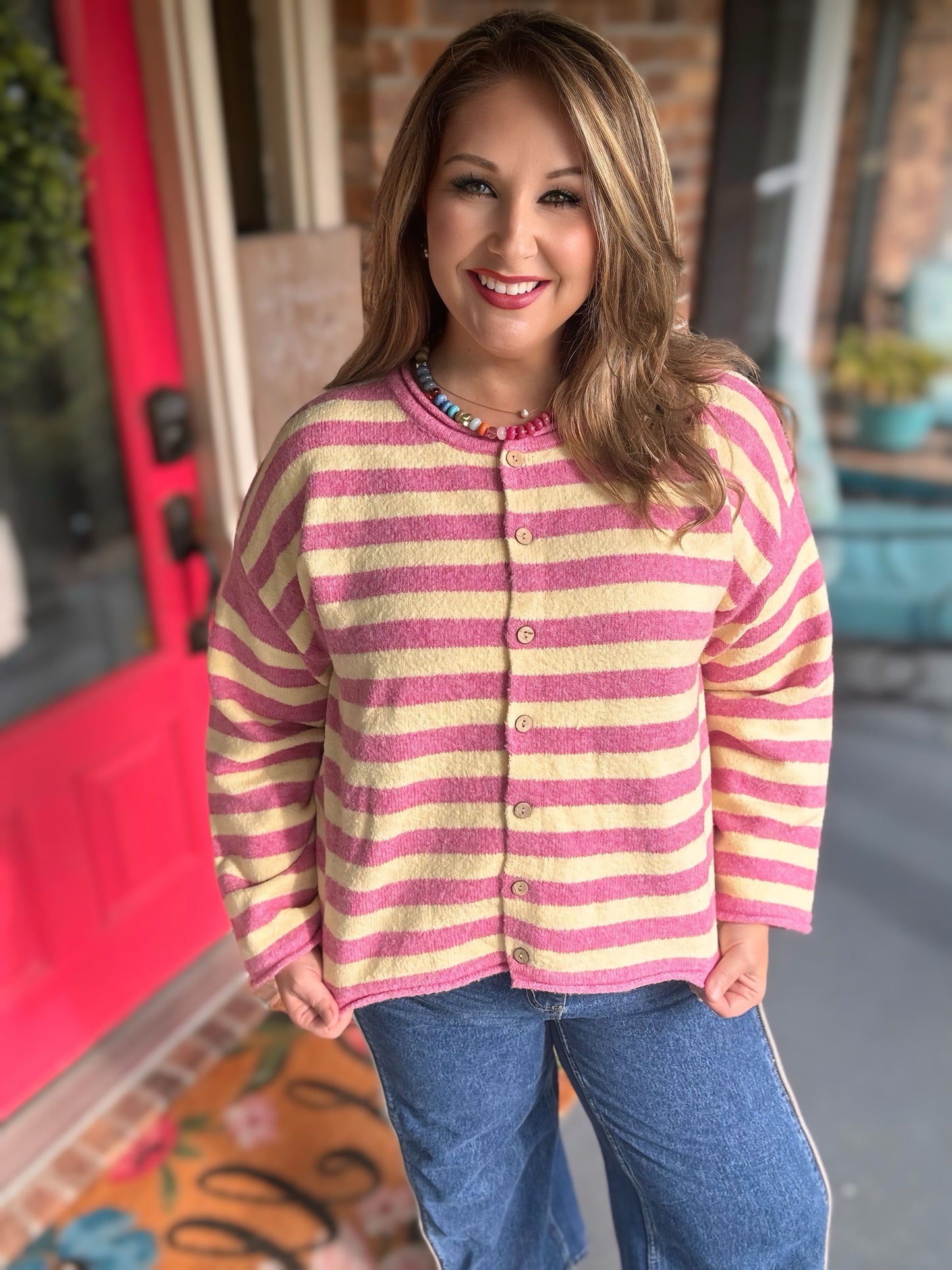 Pink & Butter Striped Oversized Cardigan
