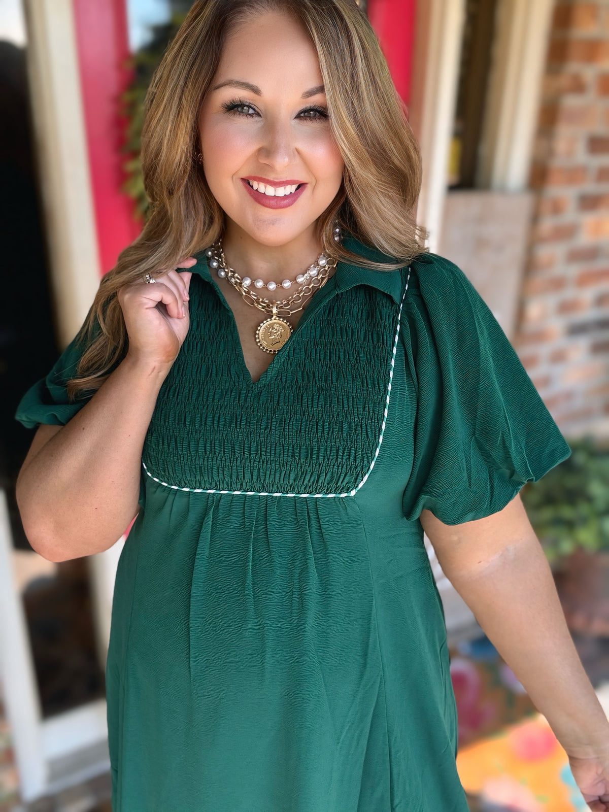 Jodifl Hunter Green Smocked Puff Sleeve Midi Dress