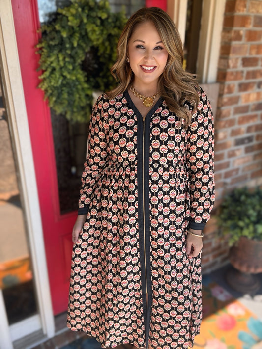 Black Floral Zip Front Midi Dress | Jodifl