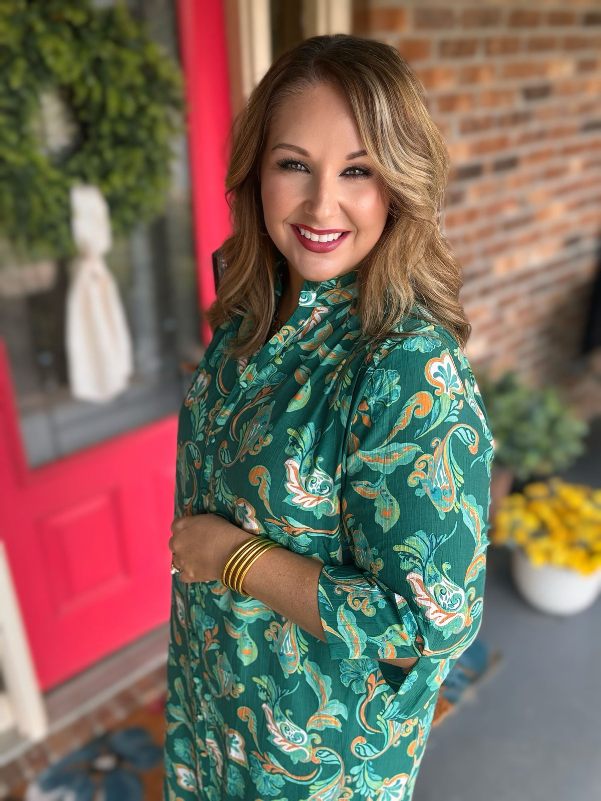 Umgee Hunter Green Paisley Button-Front Maxi Shirt Dress
