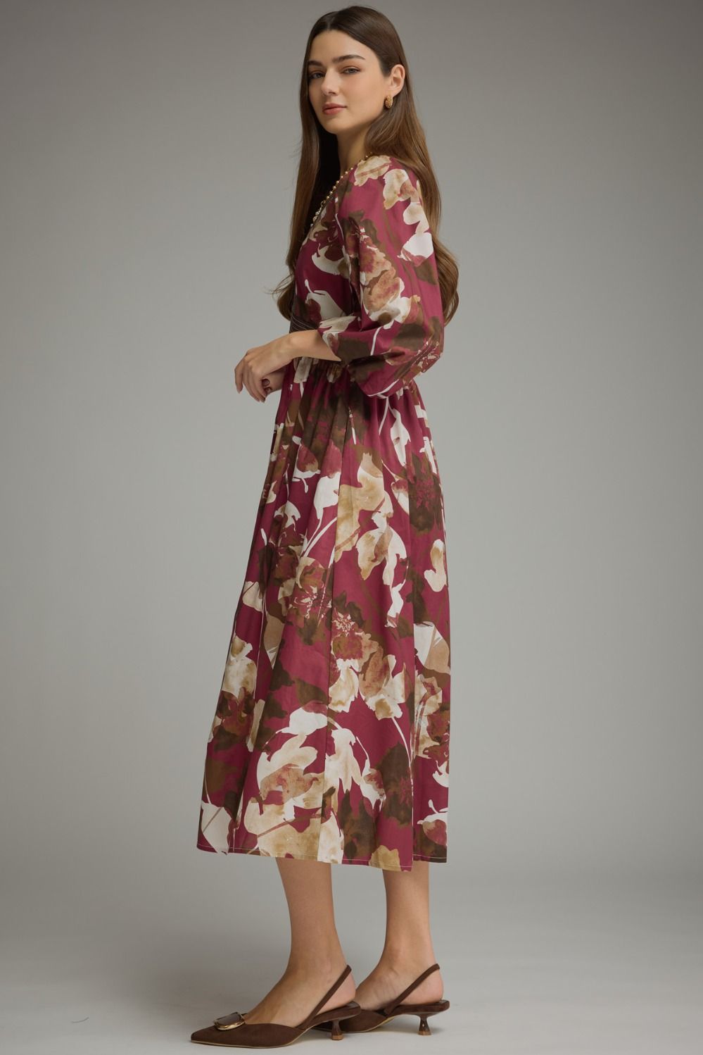 Entro Burgundy Floral Zip-Front Midi Dress