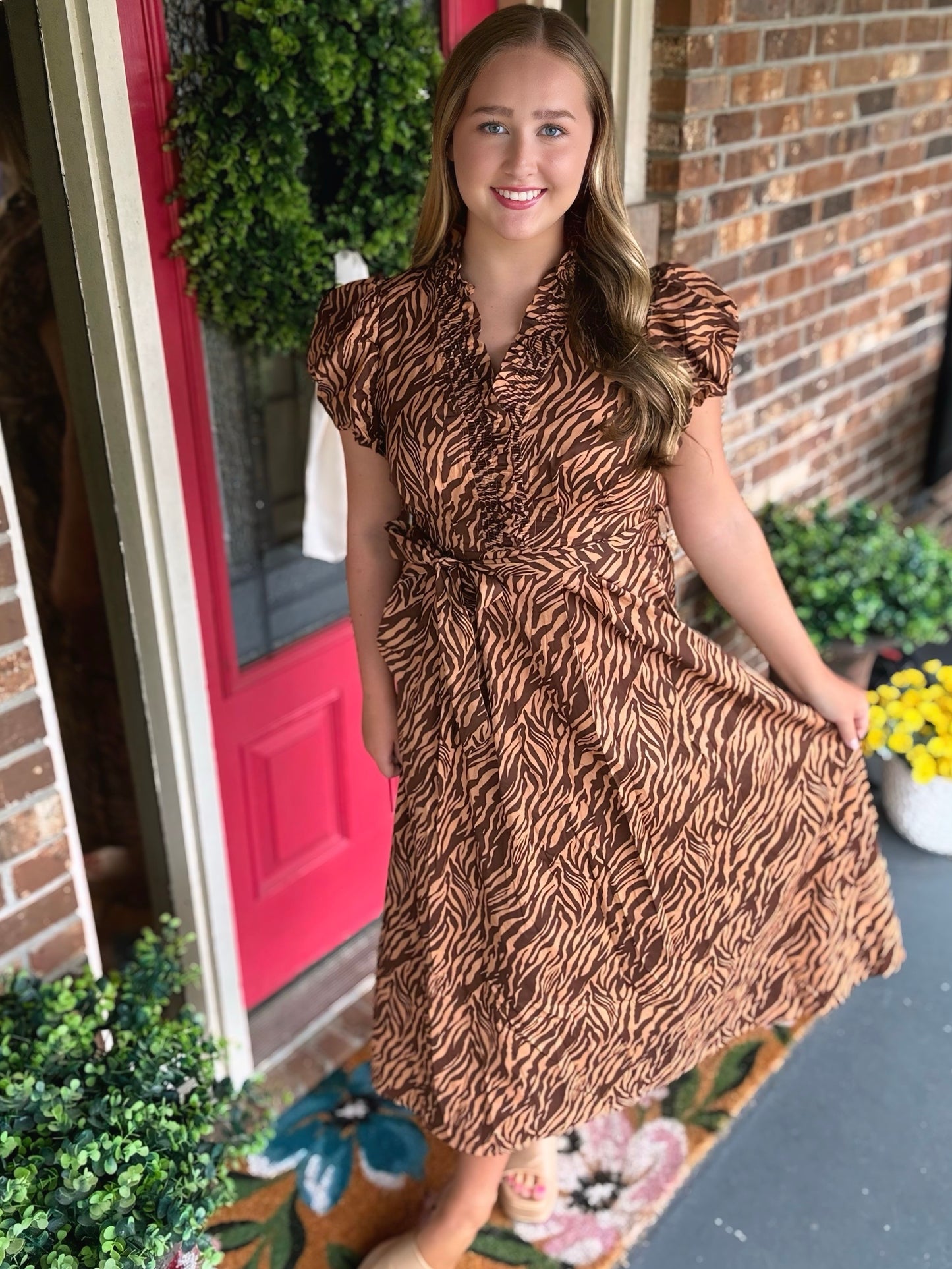 Tiger Taupe Print Midi Dress