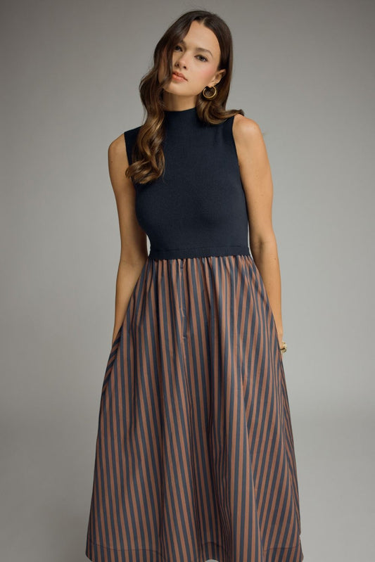 Entro Navy & Brown Striped Mock Neck Midi Dress