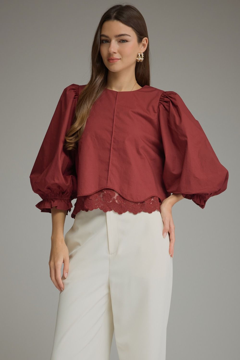 Entro Burgundy Lace Trim Balloon Sleeve Top