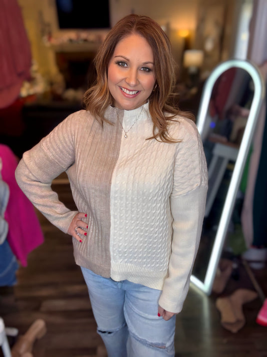 Mocha Ivory Color Block Mock Neck Sweater
