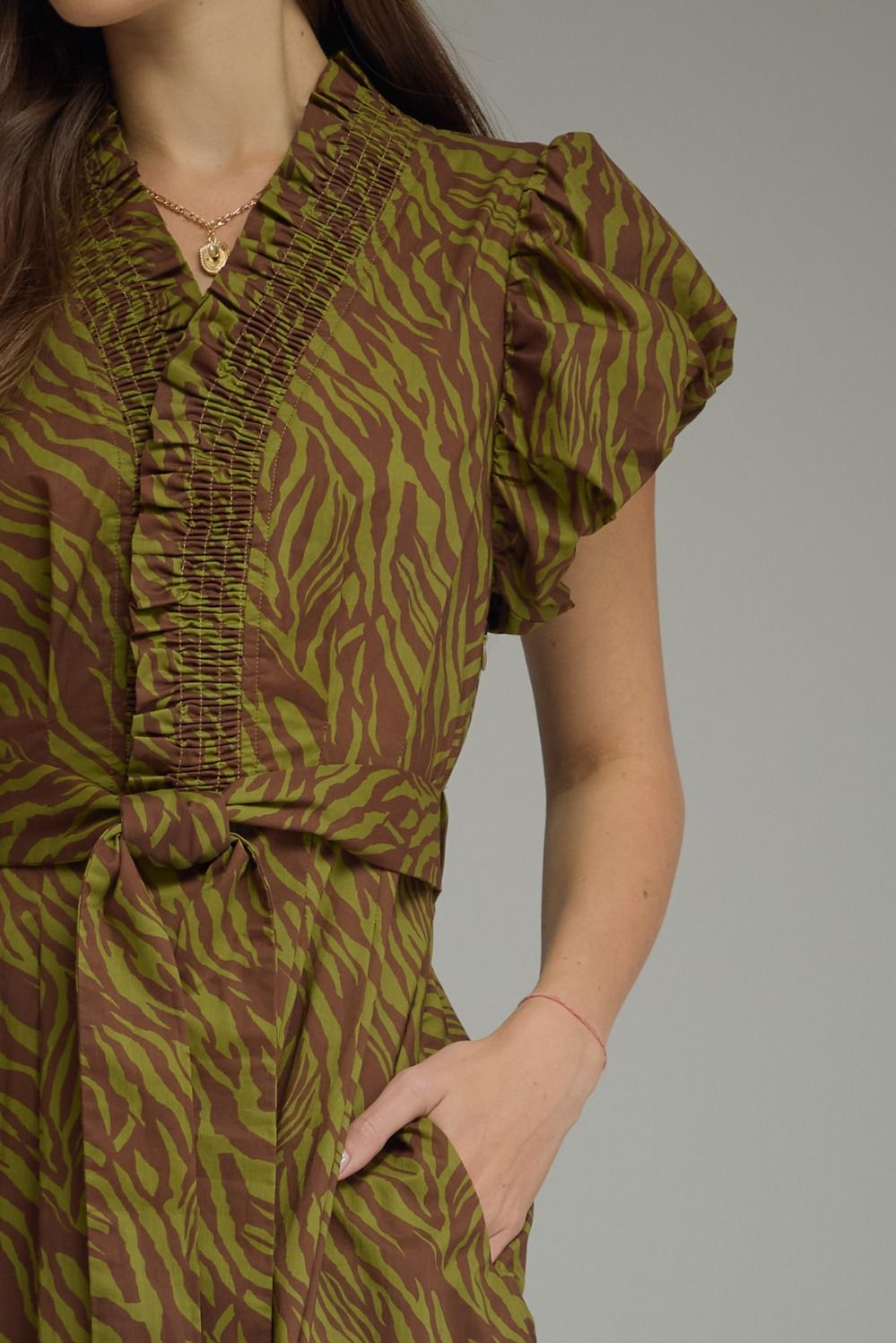 Entro Olive Tiger Print Midi Dress