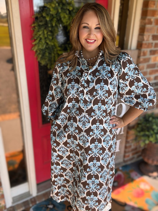 Entro Brown & Blue Printed Balloon Sleeve Midi Dress