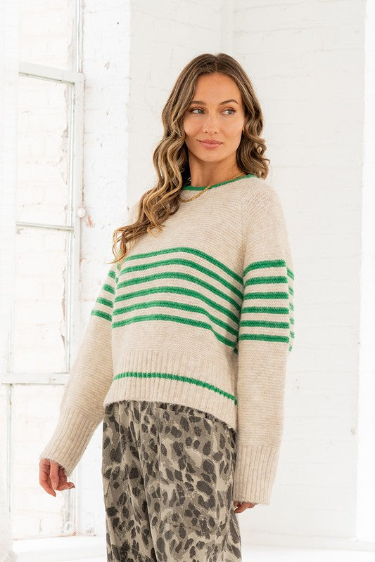 Green/Oatmeal Striped Sweater Top