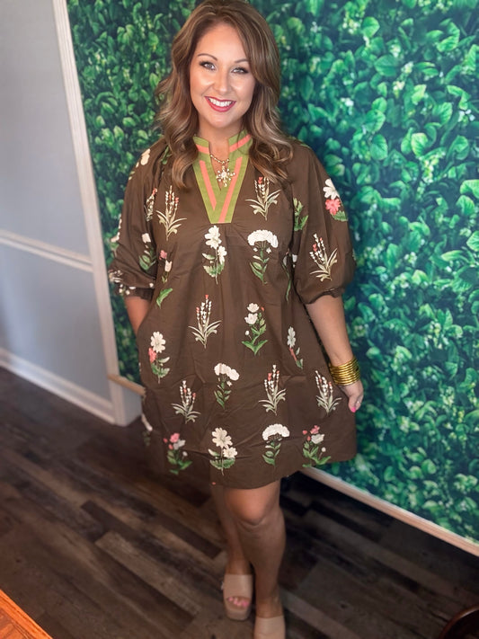 Floral Tunic Dress with Contrast Trim- Brown