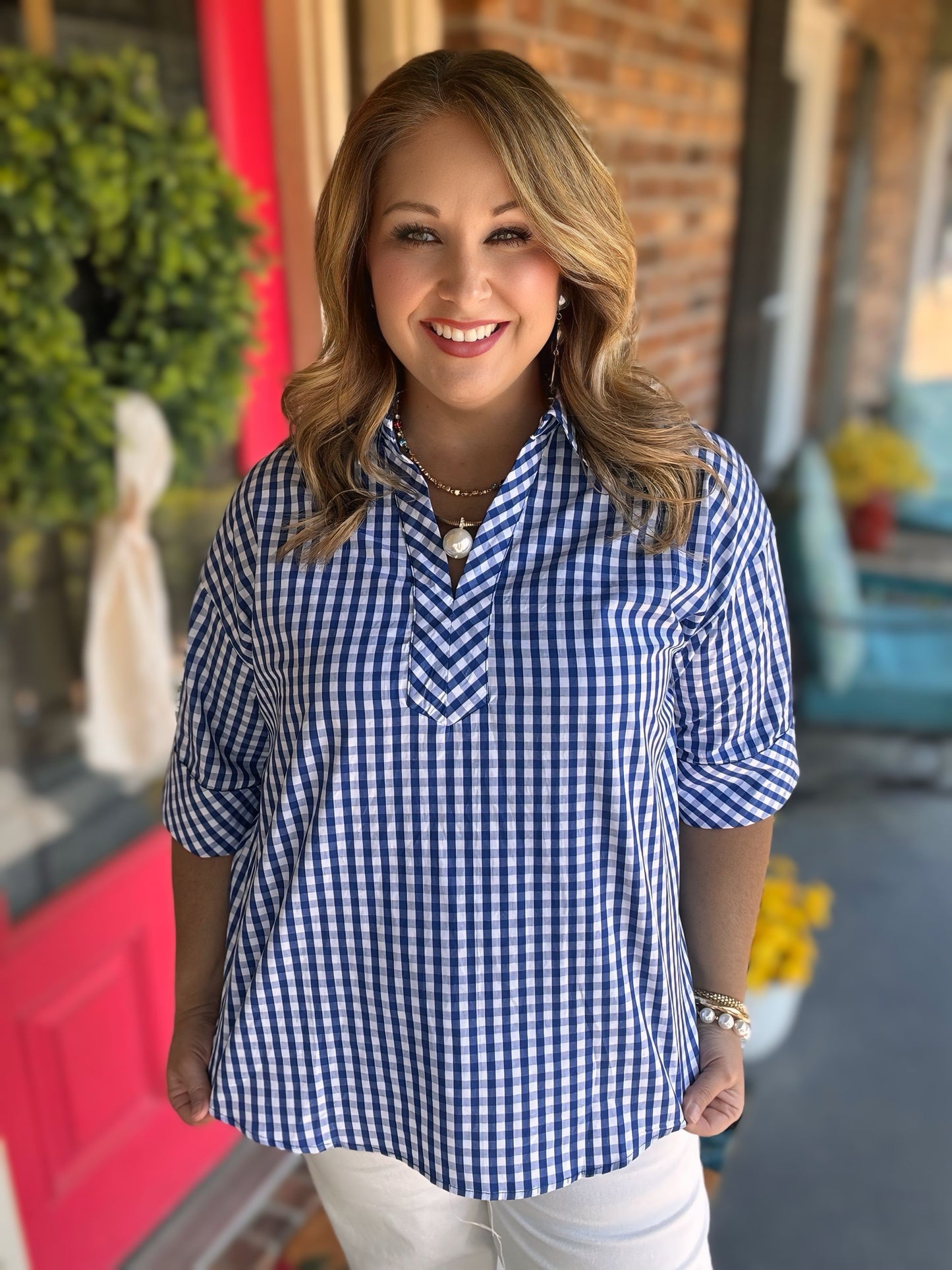 Entro Gingham 3/4 Sleeve Top