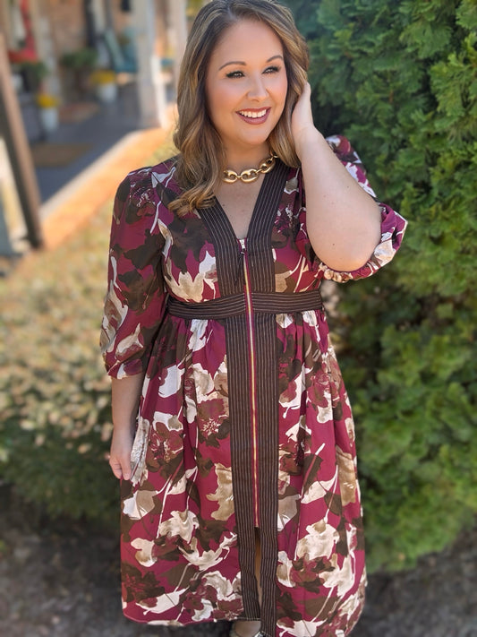 Entro Burgundy Floral Zip-Front Dres