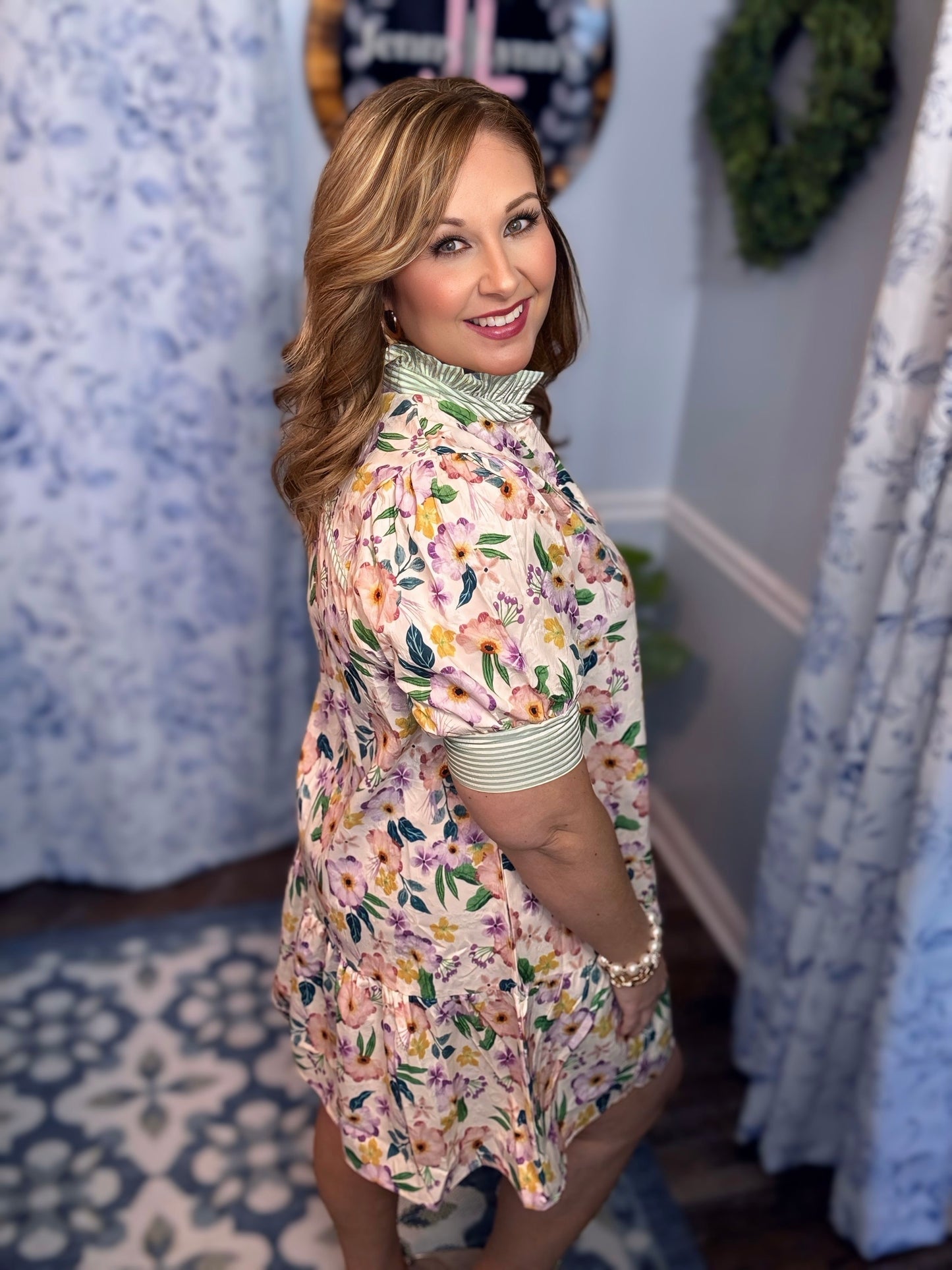 Umgee Plus Floral Ruffle Collar  Babydoll Dress