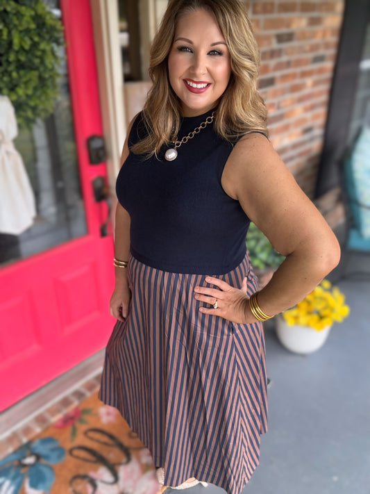 Entro Navy & Brown Striped Mock Neck Midi Dress