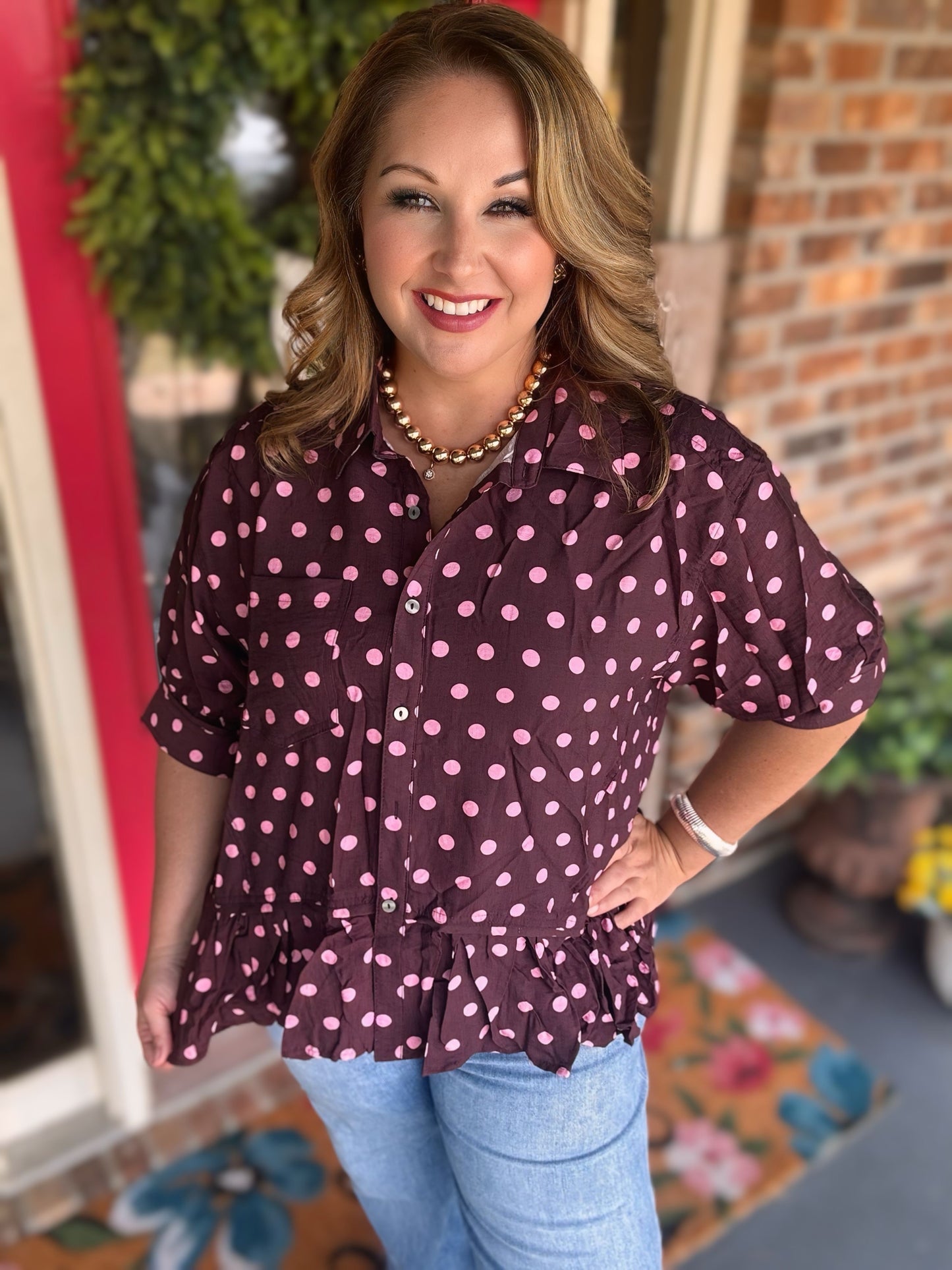 Entro Wine Polka Dot Button Top