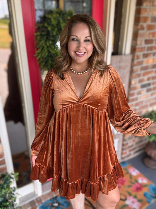 Bronze Velvet Babydoll Dress