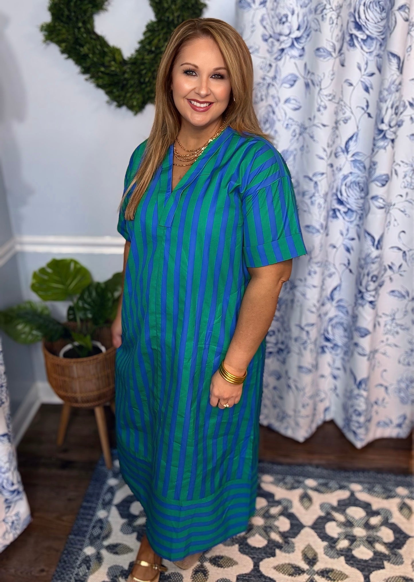 Entro Striped Midi Dress-Green