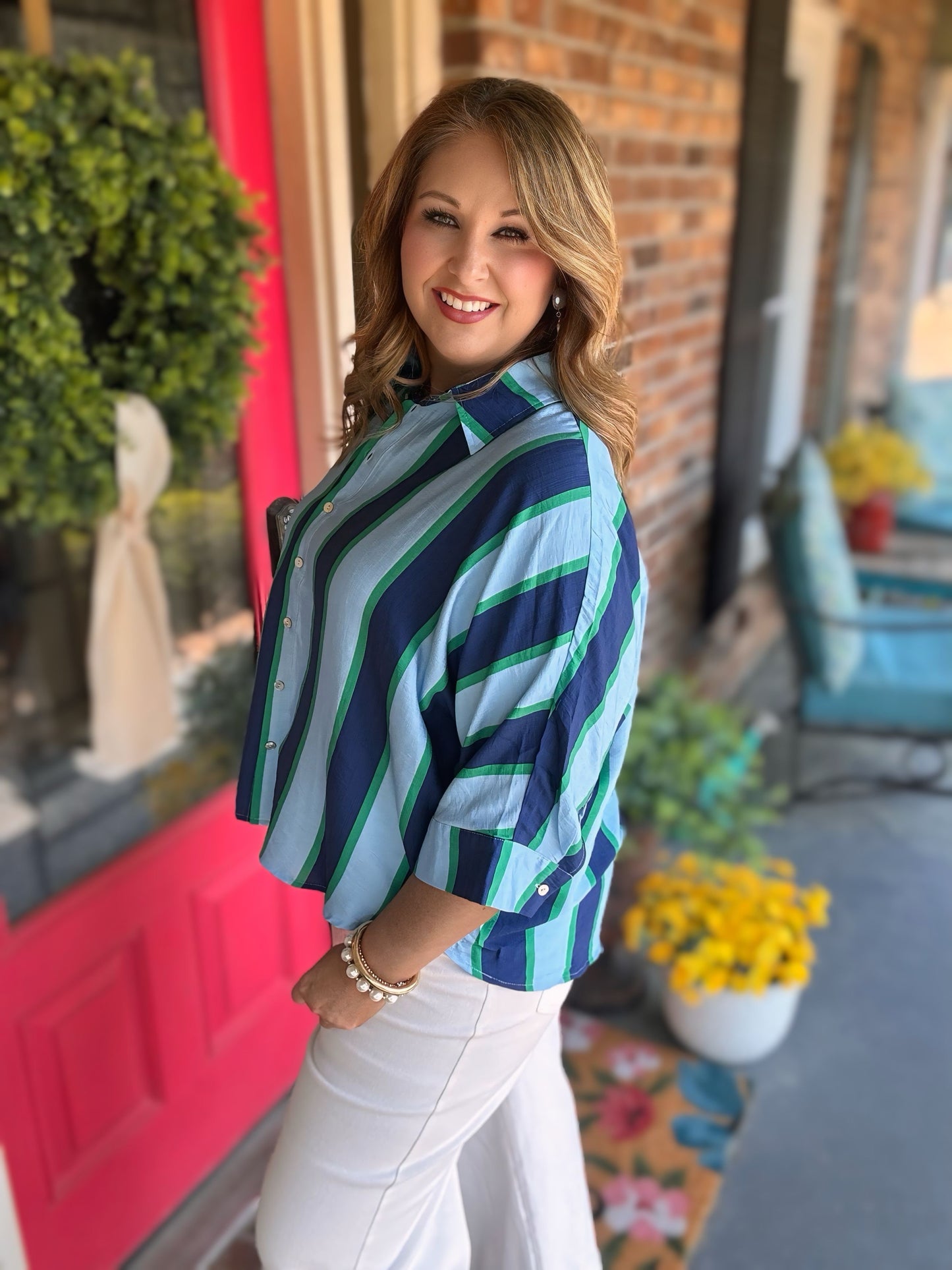 Entro Navy Striped Button-Up Top