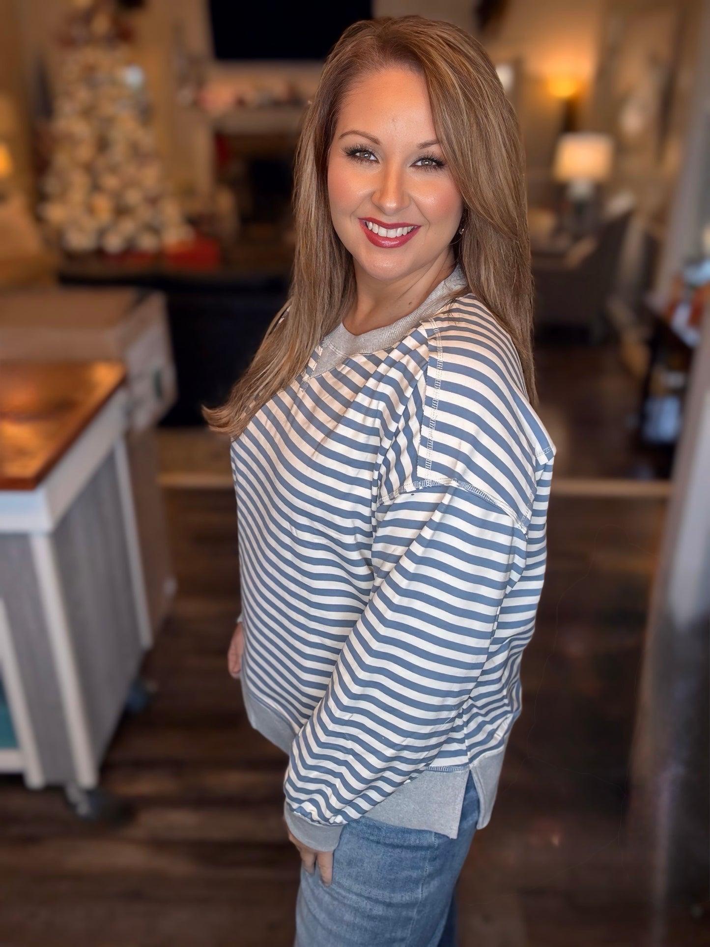 Denim Color Striped Oversized Knit Top