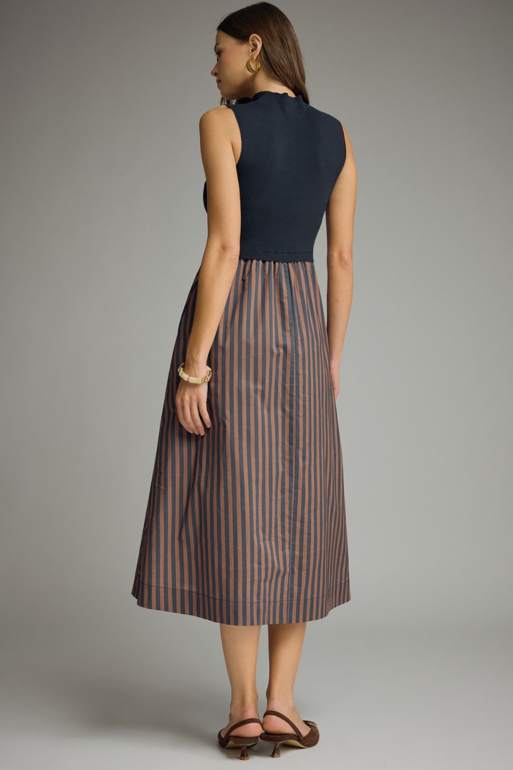 Entro Navy & Brown Striped Mock Neck Midi Dress