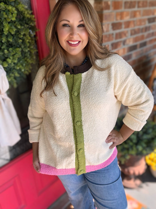 Easel Colorblock Bouclé Knit Cardigan – Cream Multi