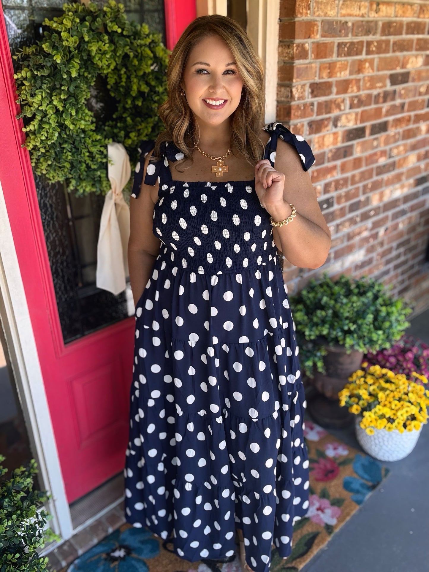 Navy Polka Dot Midi Dress