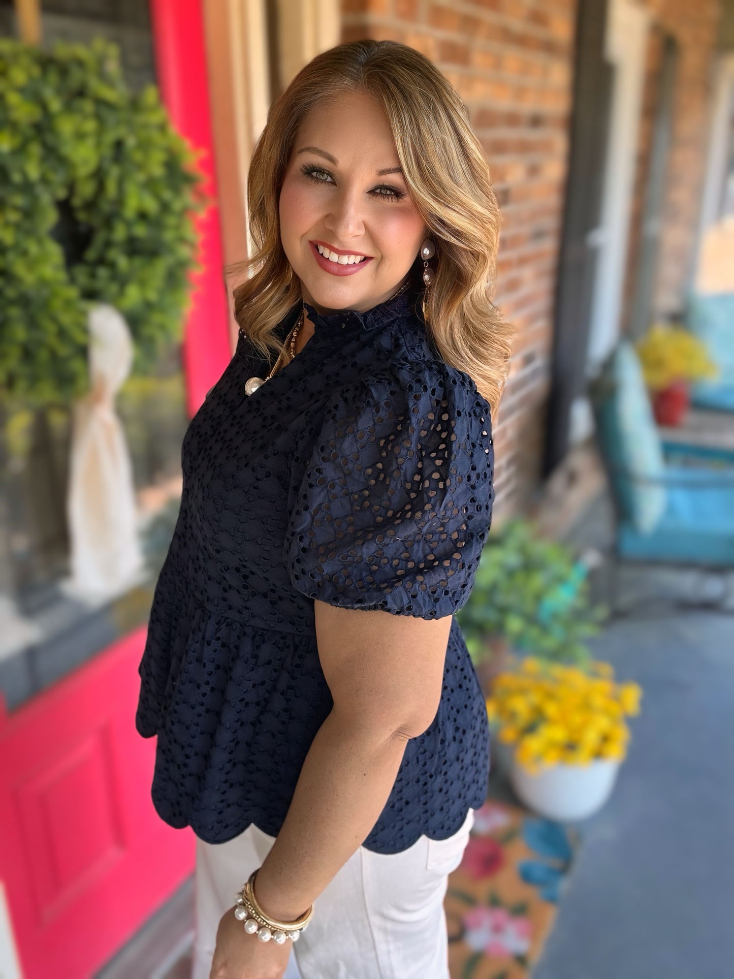 Navy Eyelet Top