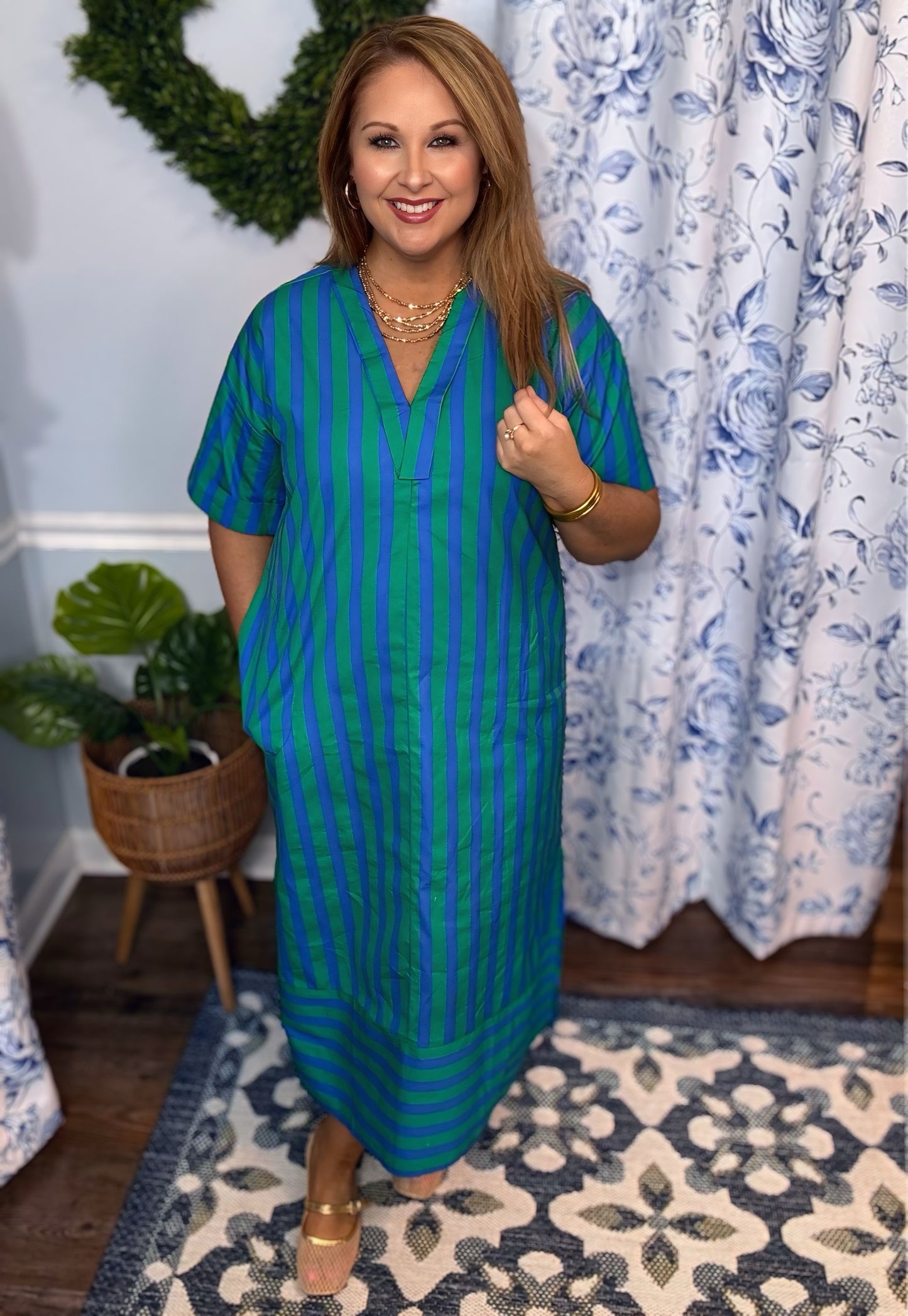 Entro Striped Midi Dress-Green