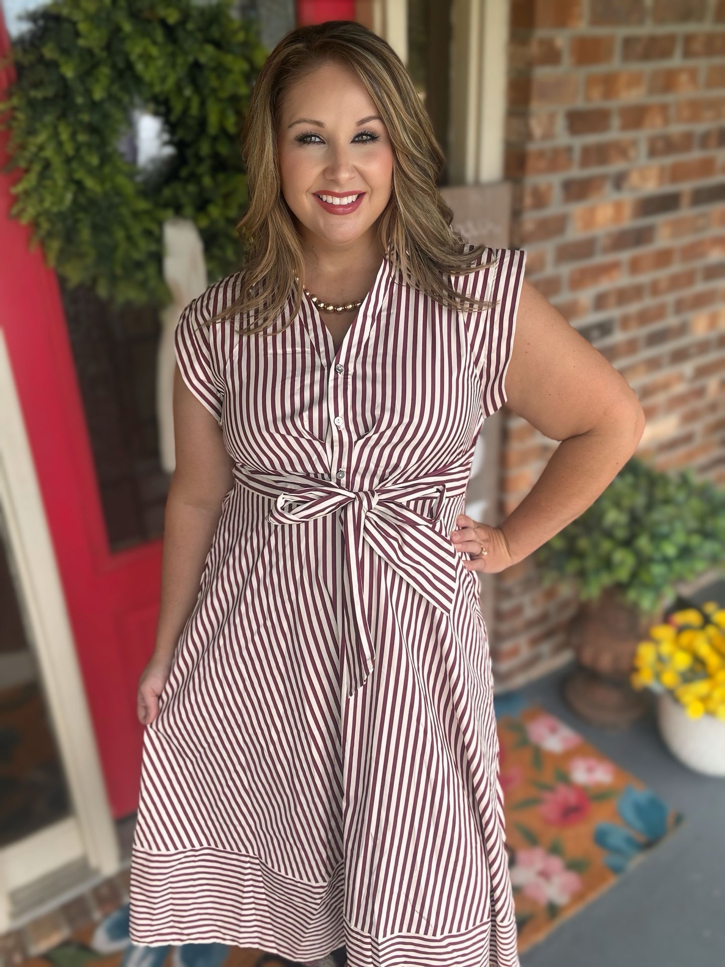 Entro Burgundy & Ivory Striped Game Day Midi Dress