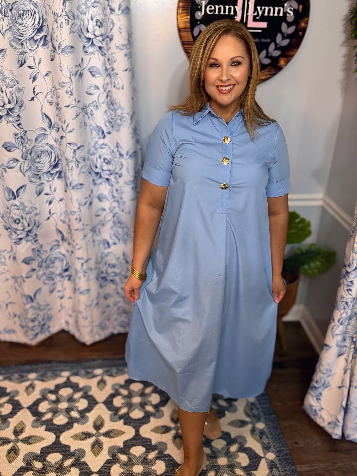 Entro Blue Midi Dress with Button Detail