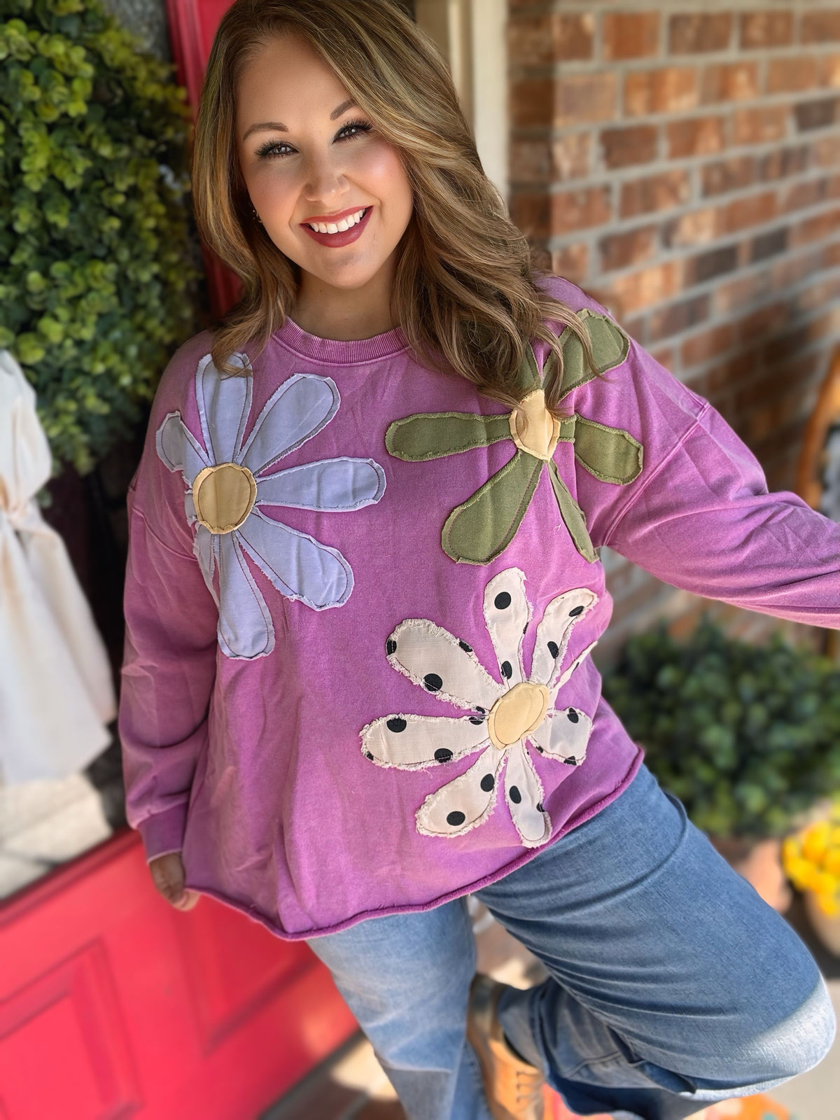 Floral Patchwork Mineral Washed Pullover – Pink | Easel