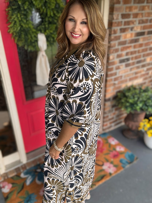 Umgee Olive Mix Abstract Print Midi Dress with Pocket