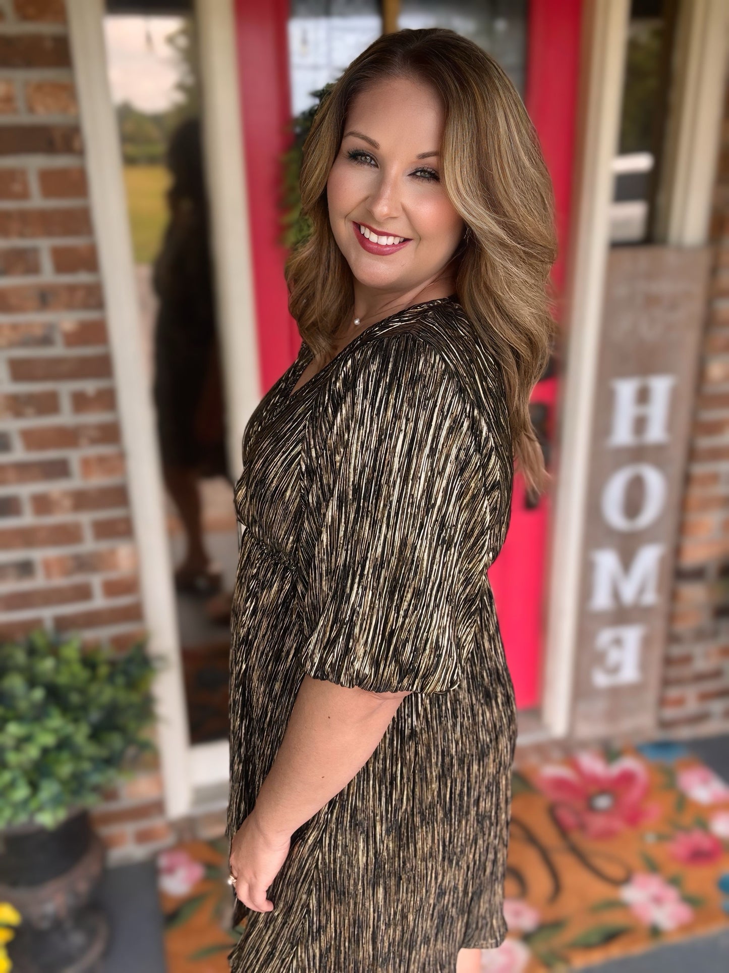 Easel Foil Crinkled Metallic Dress with Pockets