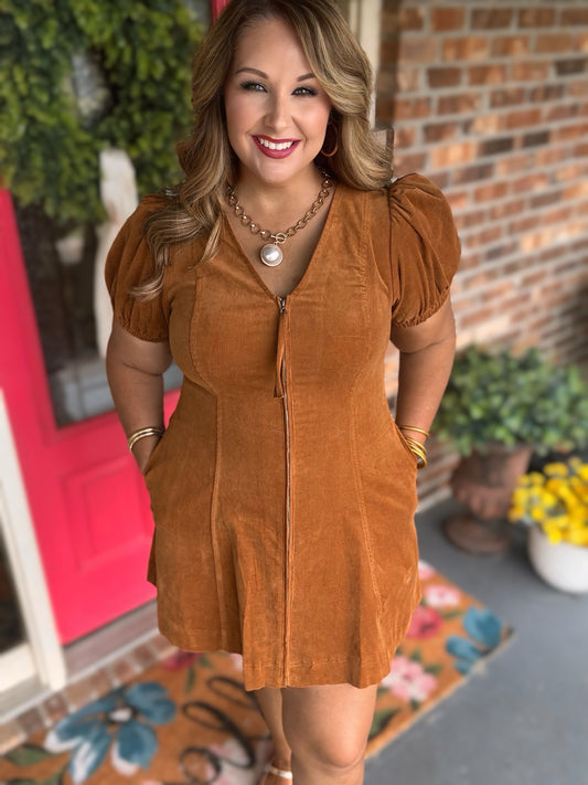 Entro Camel Front Zip Puff Sleeve Mini Dress