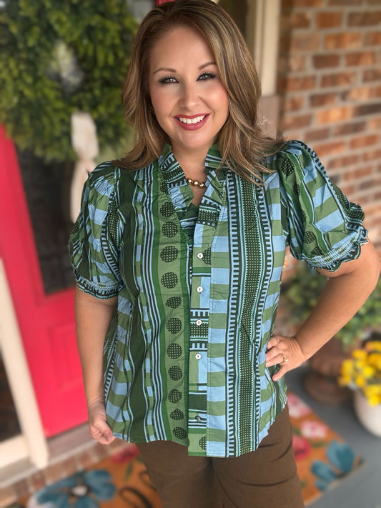 Entro Olive Mixed Print Puff Sleeve Button-Front Top