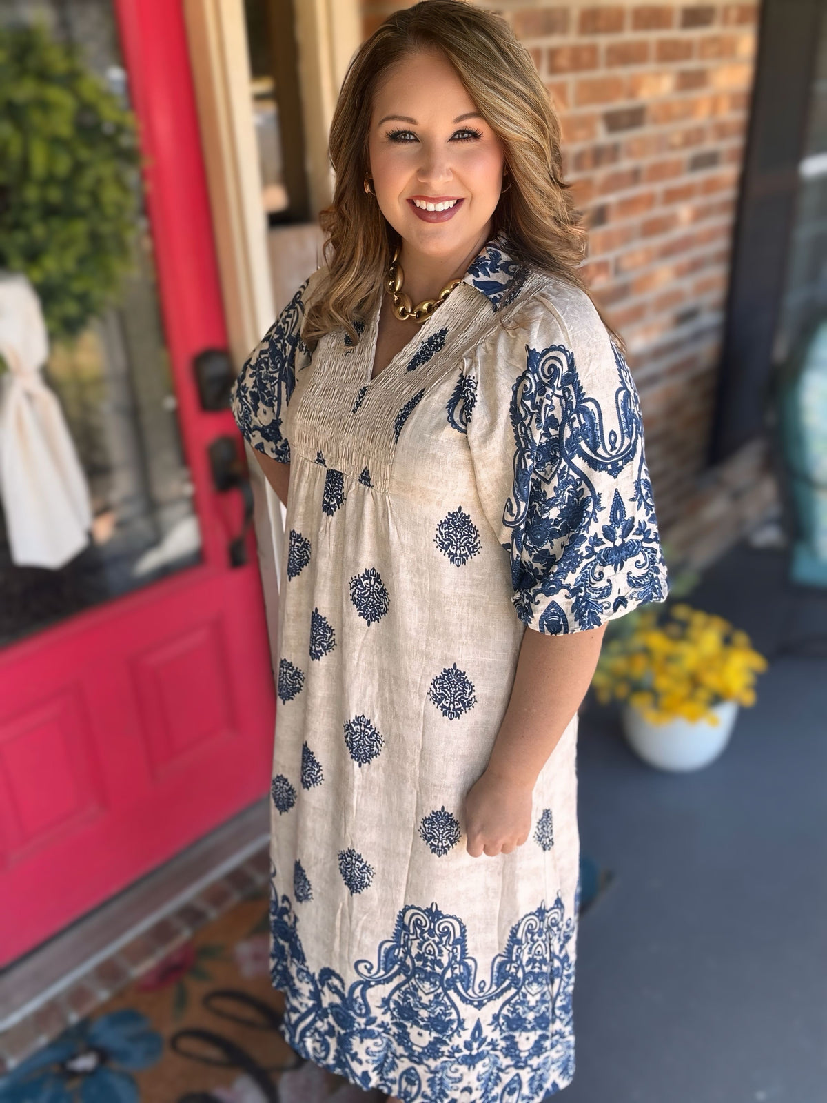 Umgee Border Print Smocked Detail Midi Dress