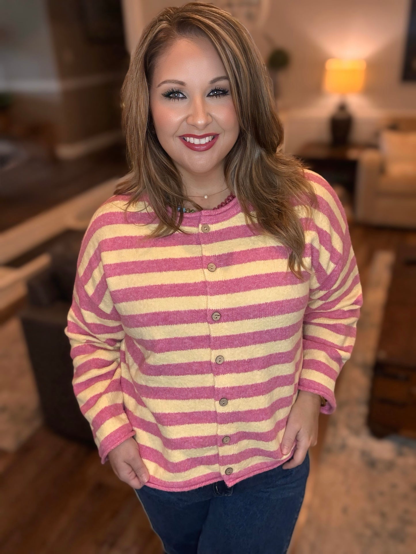 Pink & Butter Striped Oversized Cardigan