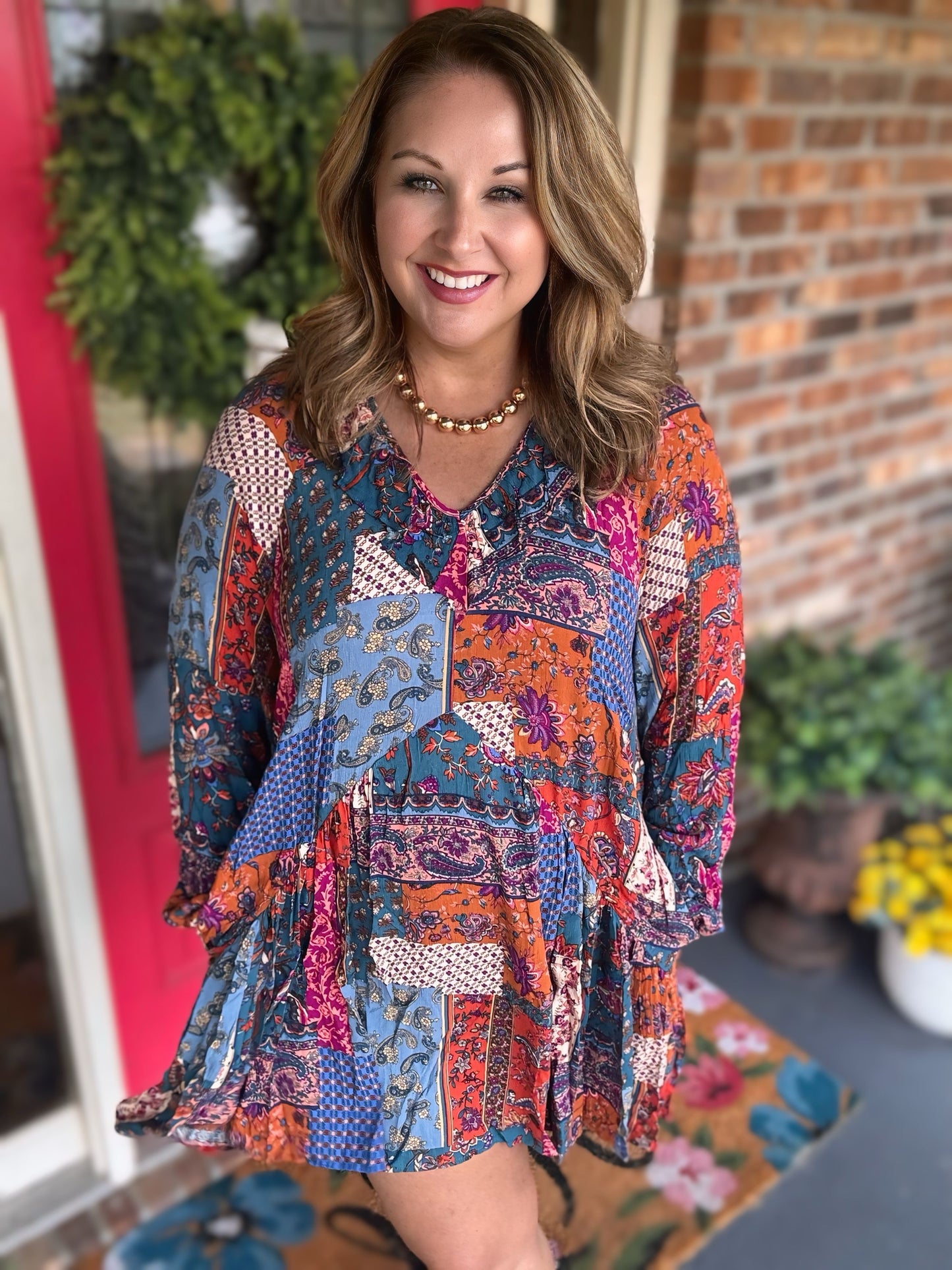 PATCHWORK PRINTED GAUZE MINI DRESS