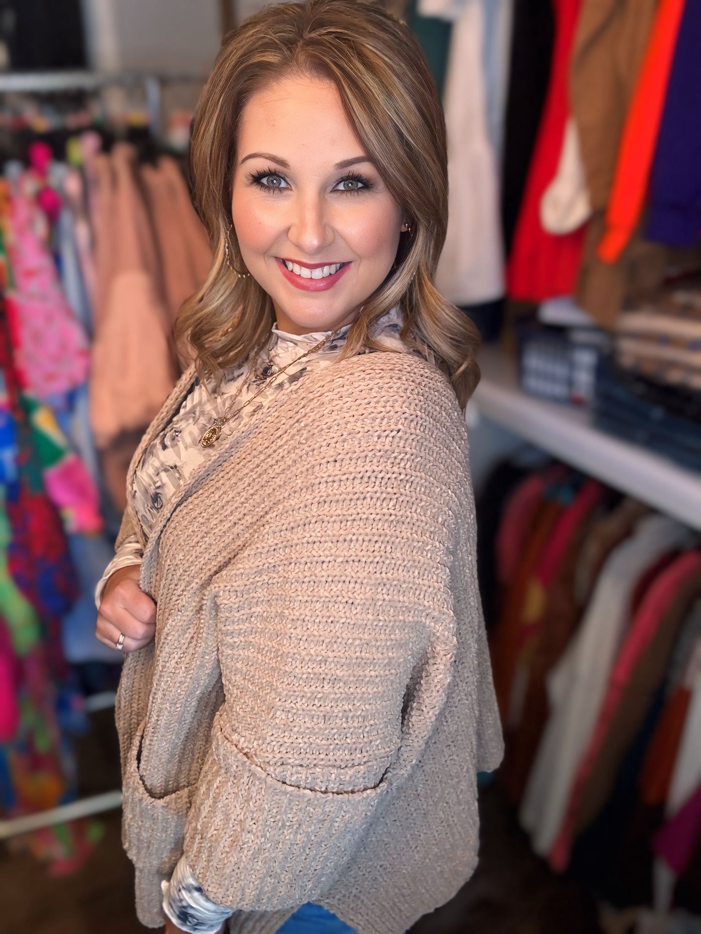 Open front cardigan in mocha and mauve