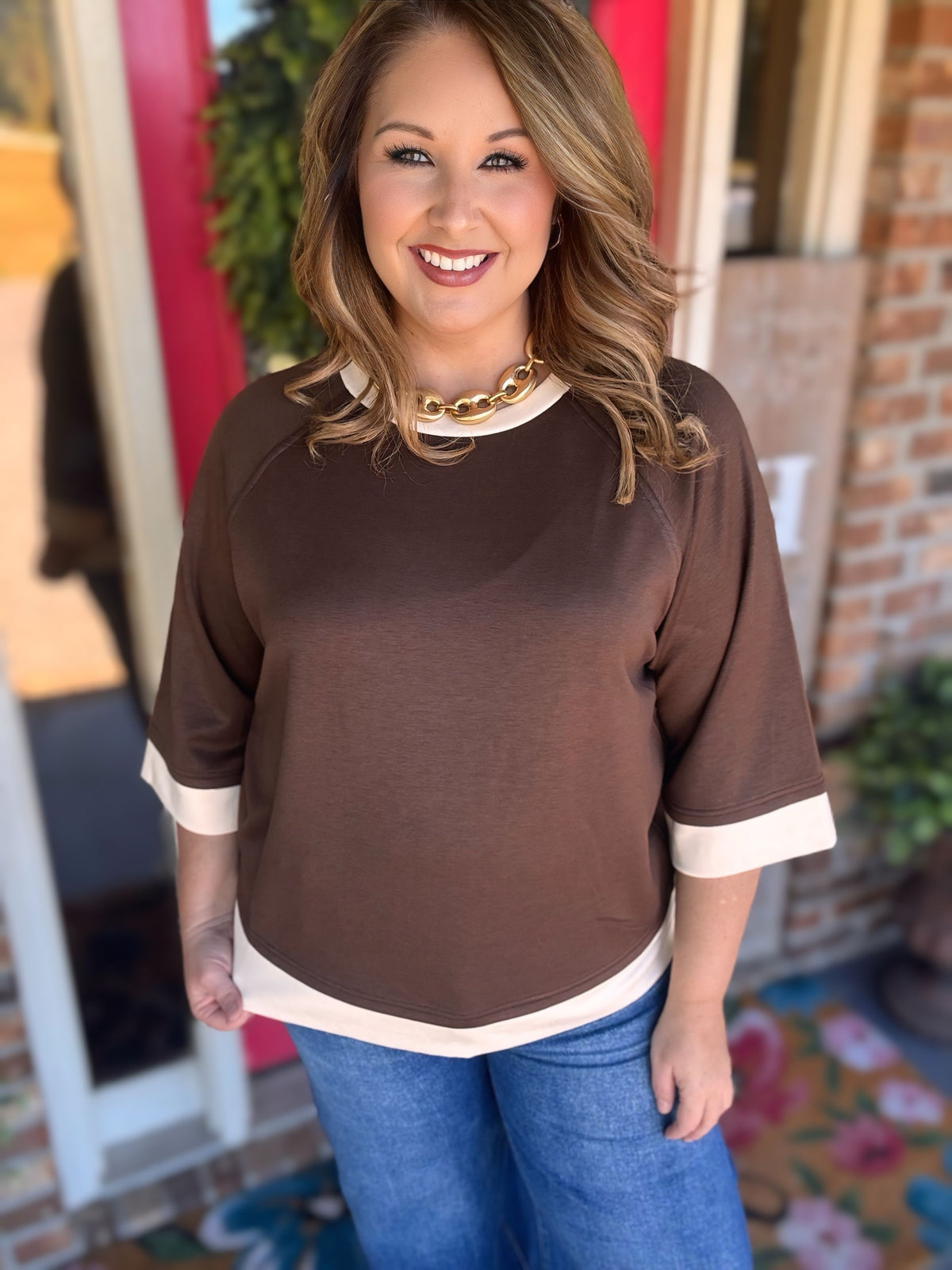 MOHMe by Umgee LuxeKnit Colorblock Raglan Sleeve Top – Brown & Cream