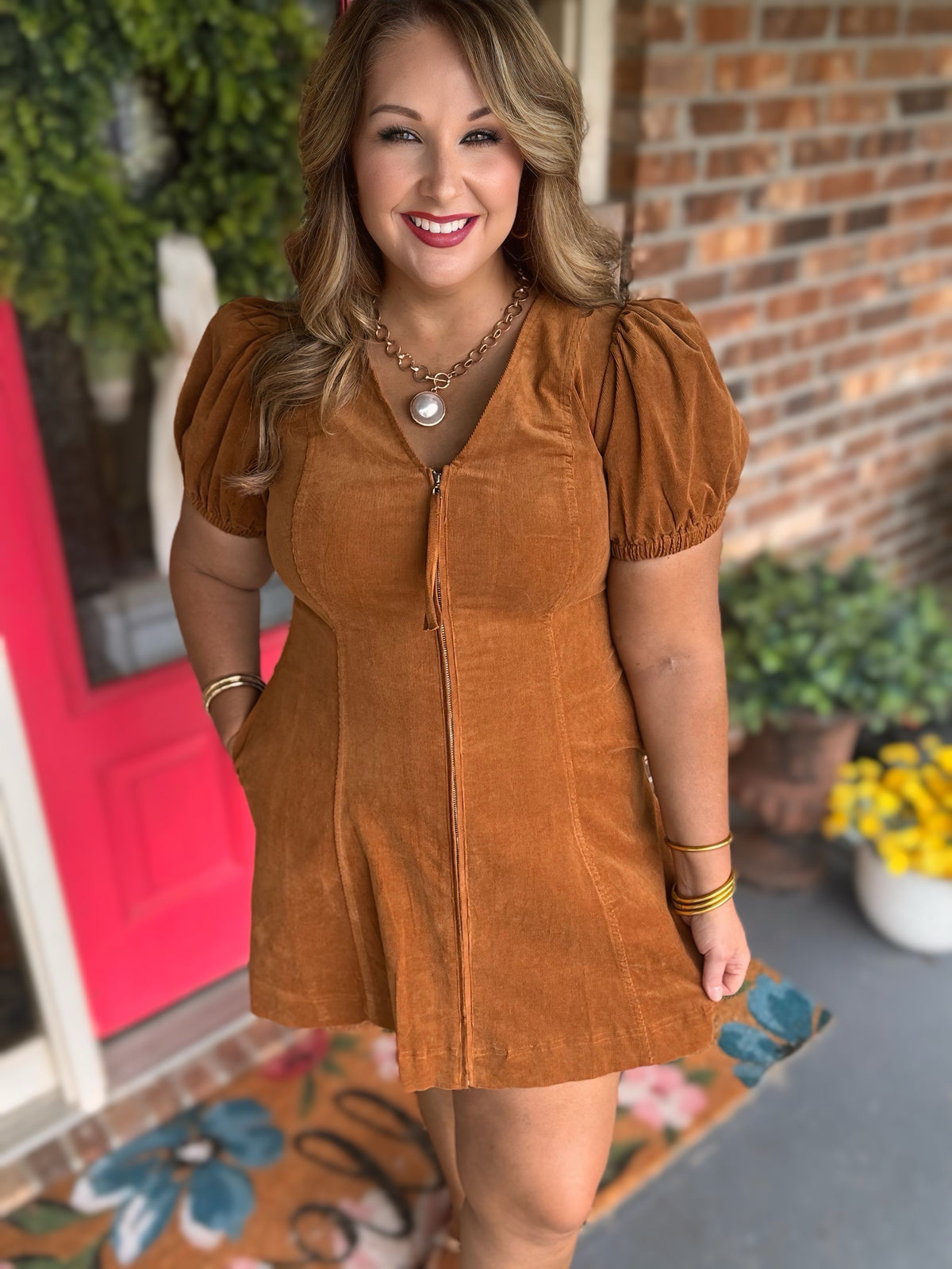 Entro Camel Front Zip Puff Sleeve Mini Dress