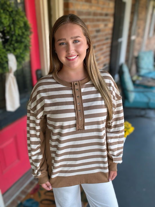 Tan/Cream Oversized Striped Half Button Knit Top