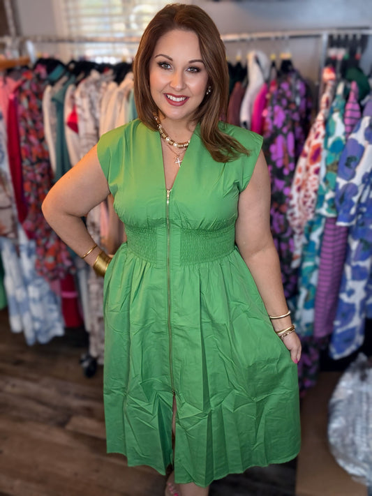 Green Zip it Smocked Dress