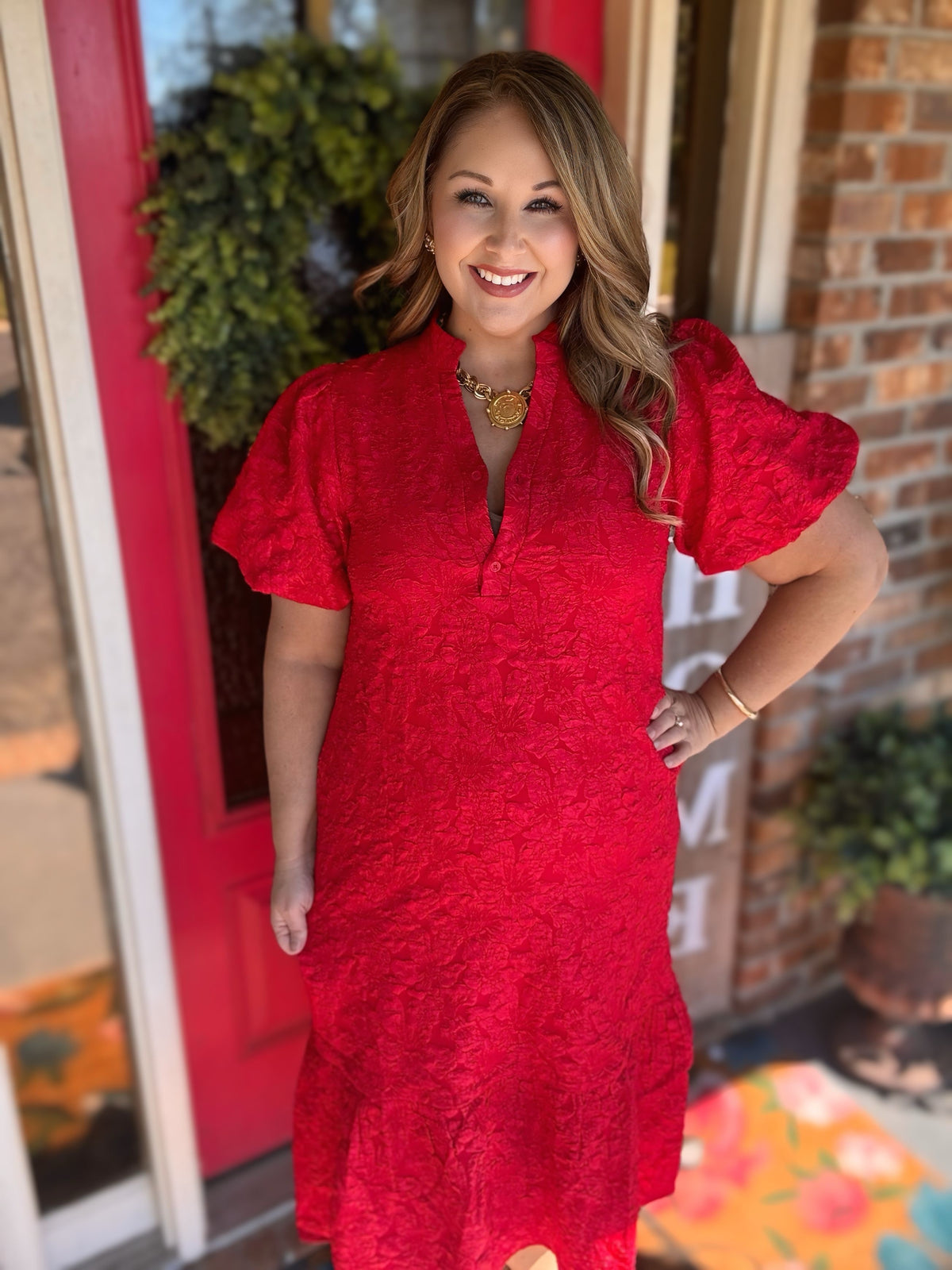 Red Textured Puff Sleeve Maxi Dress | Jodifl